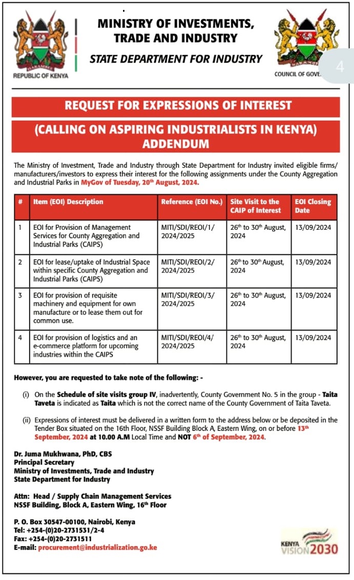 (CALLING ON ASPIRINGINDUSTRIALISTS IN KENYA) ADDENDUM