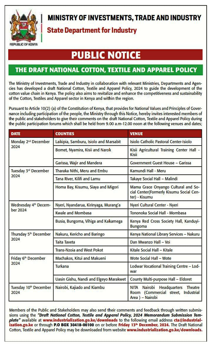 The Draft National Cotton, Textile and Apparel (CTA) Policy, 2024 Public Participation Notice