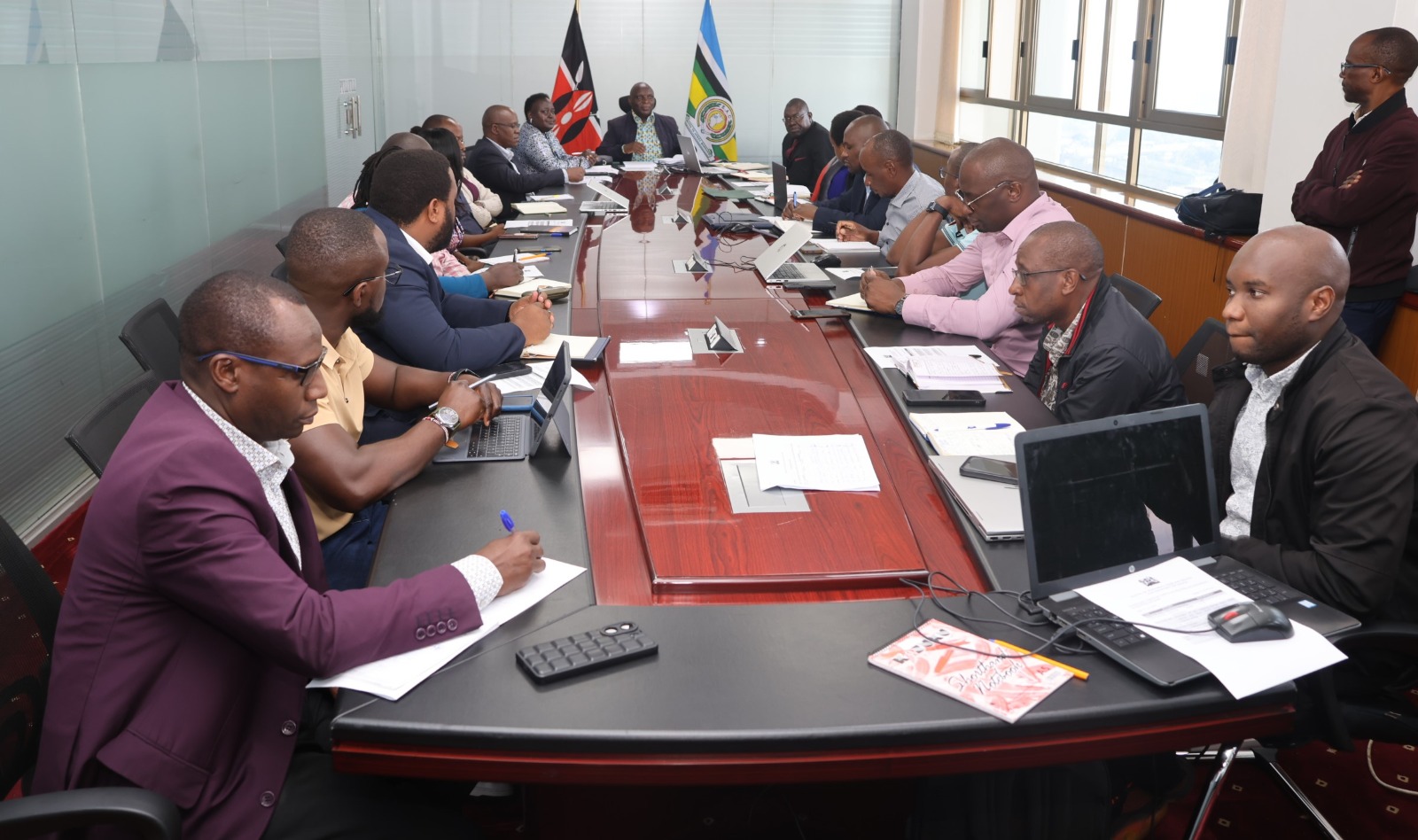State Department for Industry, Industry Secretary Prof. Erastus Gatebe  with  Director Industries and Chairperson for the Industrial Mapping Project  Anne Kiarie during a press briefing on  Industrial Mapping at NSSF Building.