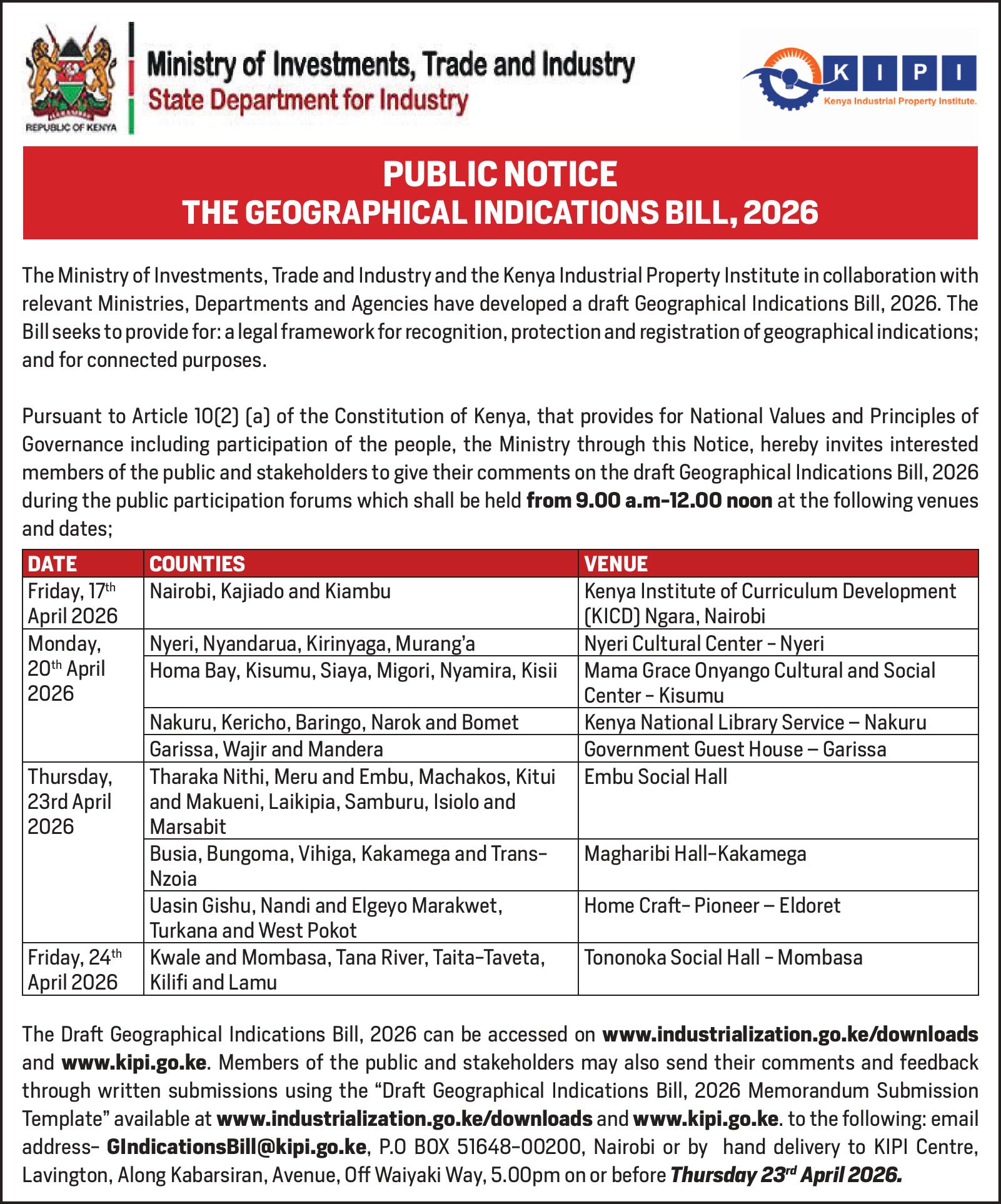 PUBLIC NOTICE: THE GEOGRAPHICAL INDICATIONS BILL, 2026