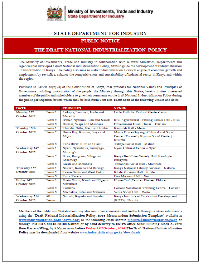 PUBLIC NOTICE: THE DRAFT NATIONAL INDUSTRIALIZATION  POLICY