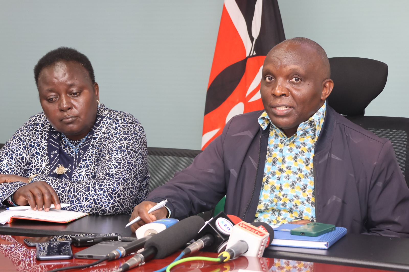 State Department for Industry, Industry Secretary Prof. Erastus Gatebe  with  Director Industries and Chairperson for the Industrial Mapping Project  Anne Kiarie during a press briefing on  Industrial Mapping at NSSF Building.
