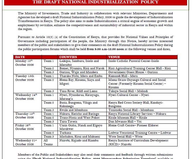 PUBLIC NOTICE: THE DRAFT NATIONAL INDUSTRIALIZATION  POLICY